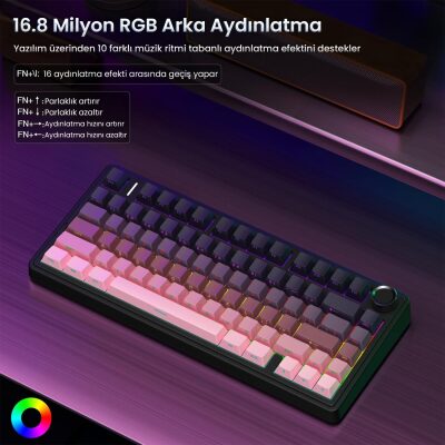Aula F75 Mekanik RGB TKL Reaper Switch Kablosuz Makrolu Hot Swap Gaming Klavye Gradyan Pembe - 5