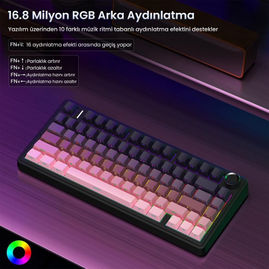 Aula F75 Mekanik RGB TKL Reaper Switch Kablosuz Makrolu Hot Swap Gaming Klavye Gradyan Pembe - 5