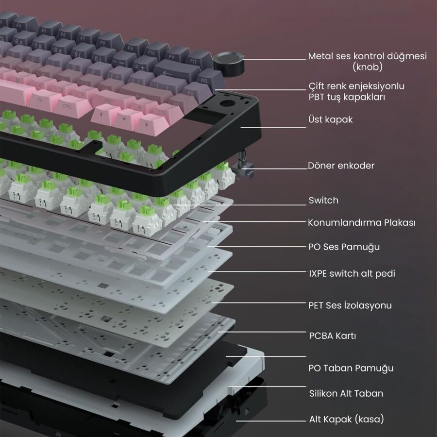 Aula F75 Mekanik RGB TKL Reaper Switch Kablosuz Makrolu Hot Swap Gaming Klavye Gradyan Pembe - 6