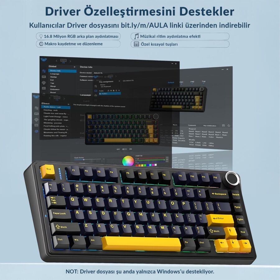 Aula F75 Mekanik RGB TKL Reaper Switch Kablosuz Makrolu Hot Swap Klavye Siyah - 4