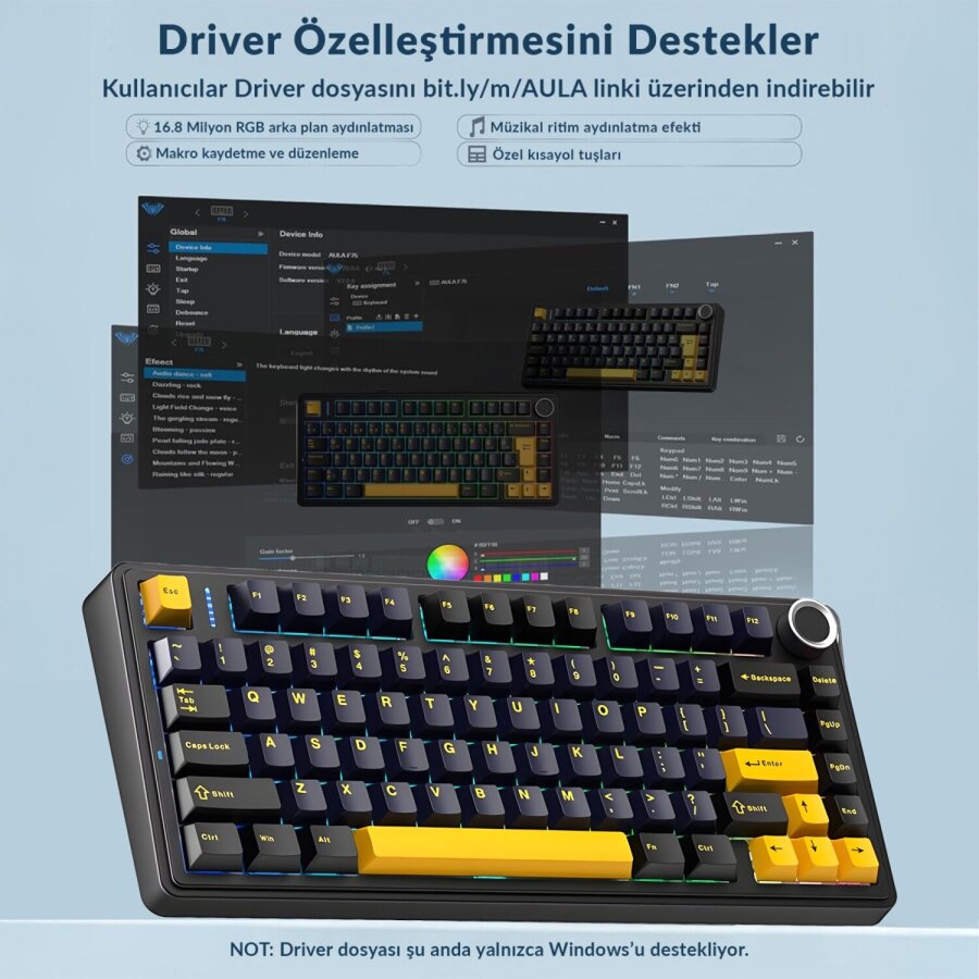 Aula F75 Mekanik RGB TKL Reaper Switch Kablosuz Makrolu Hot Swap Klavye Siyah - 4