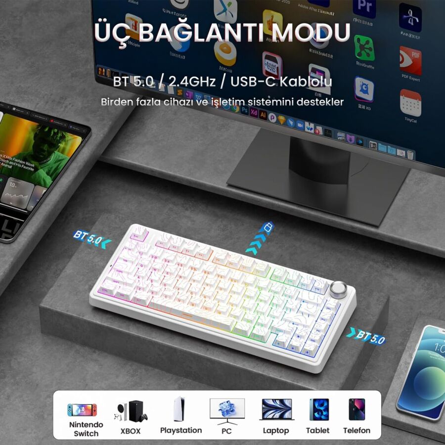 Aula F75 Mekanik RGB TKL Seiya Switch Kablosuz Makrolu Hot Swap Gaming Klavye Desenli Beyaz - 3