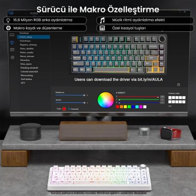Aula F75 Mekanik RGB TKL Seiya Switch Kablosuz Makrolu Hot Swap Gaming Klavye Desenli Beyaz - 4