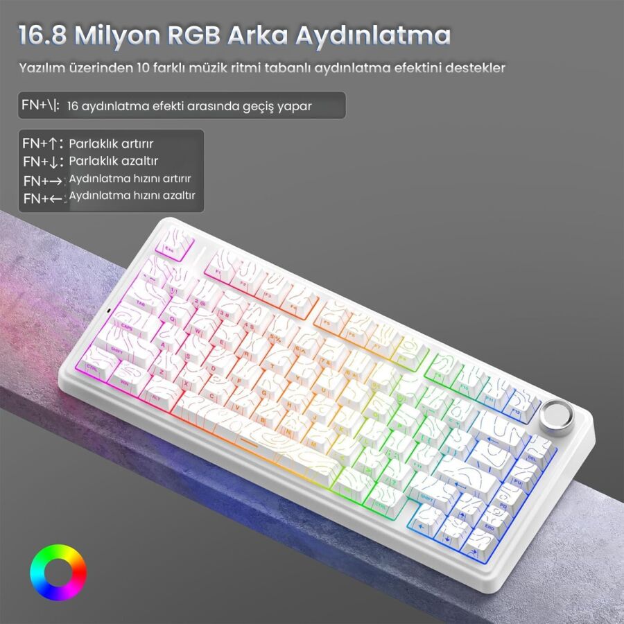 Aula F75 Mekanik RGB TKL Seiya Switch Kablosuz Makrolu Hot Swap Gaming Klavye Desenli Beyaz - 5