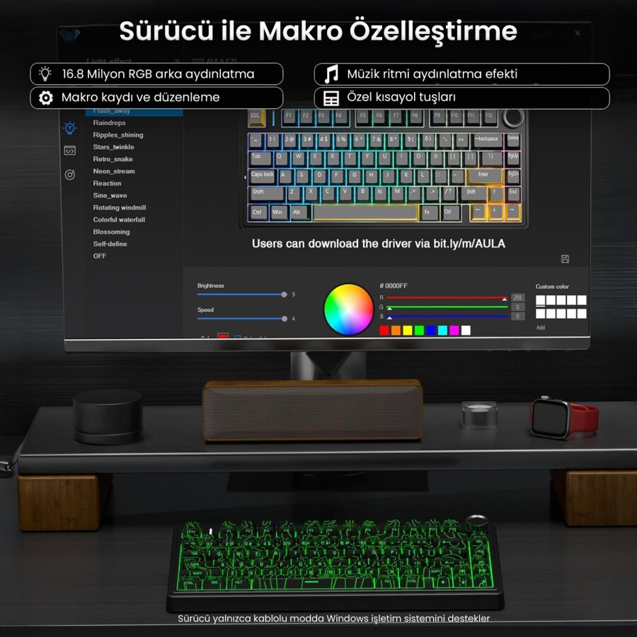 Aula F75 Mekanik RGB TKL Seiya Switch Kablosuz Makrolu Hot Swap Gaming Klavye Desenli Siyah - 4