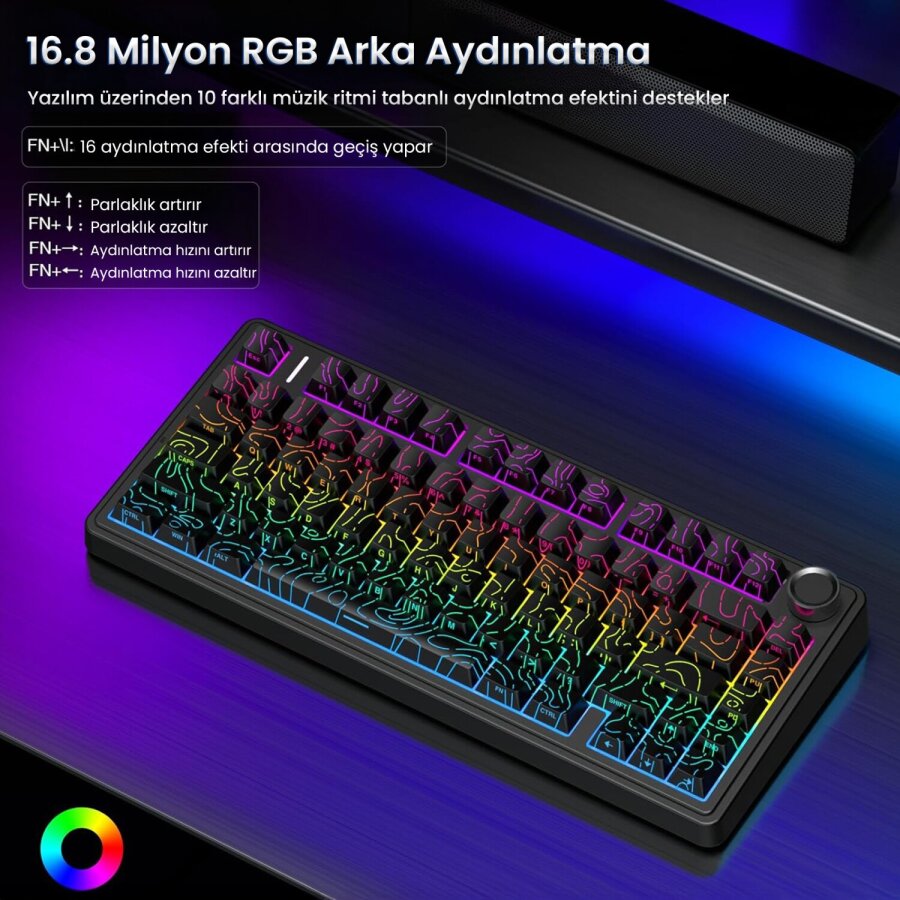 Aula F75 Mekanik RGB TKL Seiya Switch Kablosuz Makrolu Hot Swap Gaming Klavye Desenli Siyah - 5