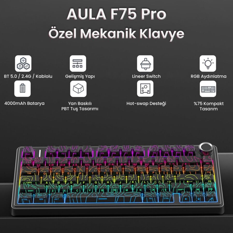 Aula F75 Mekanik RGB TKL Seiya Switch Kablosuz Makrolu Hot Swap Gaming Klavye Desenli Siyah - 2
