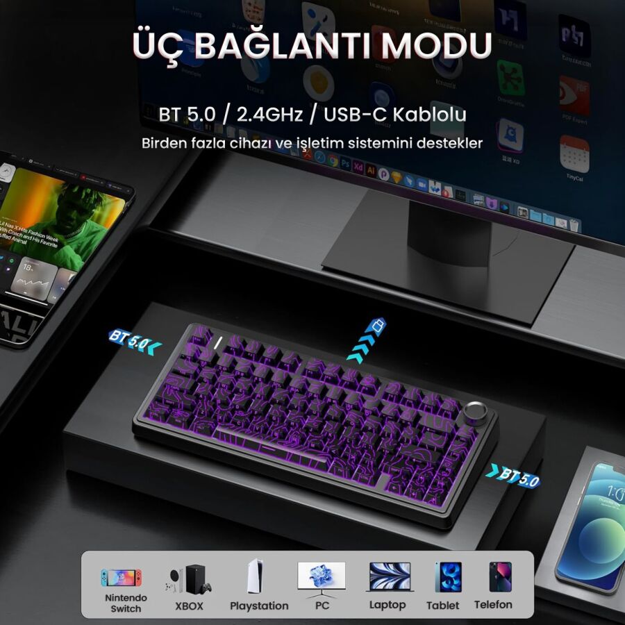 Aula F75 Mekanik RGB TKL Seiya Switch Kablosuz Makrolu Hot Swap Gaming Klavye Desenli Siyah - 3