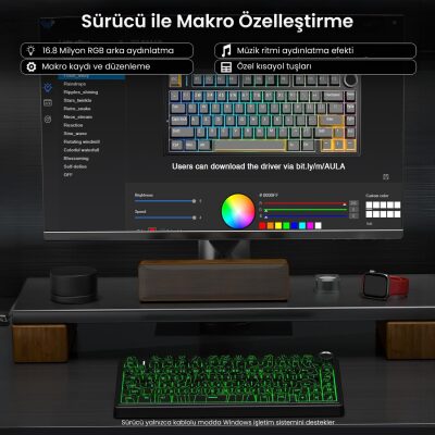 Aula F75 Mekanik RGB TKL Seiya Switch Kablosuz Makrolu Hot Swap Gaming Klavye Desenli Siyah - 4