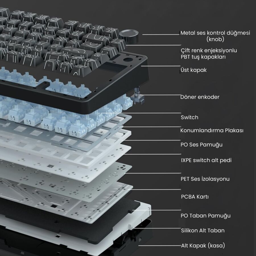 Aula F75 Mekanik RGB TKL Seiya Switch Kablosuz Makrolu Hot Swap Gaming Klavye Desenli Siyah - 6