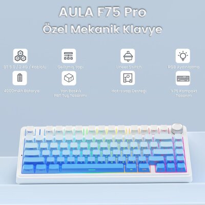 Aula F75 Mekanik RGB TKL Seiya Switch Kablosuz Makrolu Hot Swap Gaming Klavye Gradyan Mavi - 2