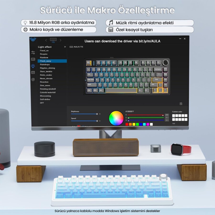 Aula F75 Mekanik RGB TKL Seiya Switch Kablosuz Makrolu Hot Swap Gaming Klavye Gradyan Mavi - 4