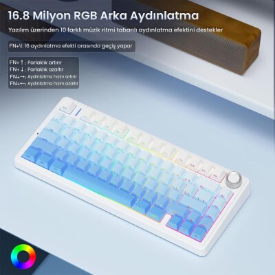 Aula F75 Mekanik RGB TKL Seiya Switch Kablosuz Makrolu Hot Swap Gaming Klavye Gradyan Mavi - 5