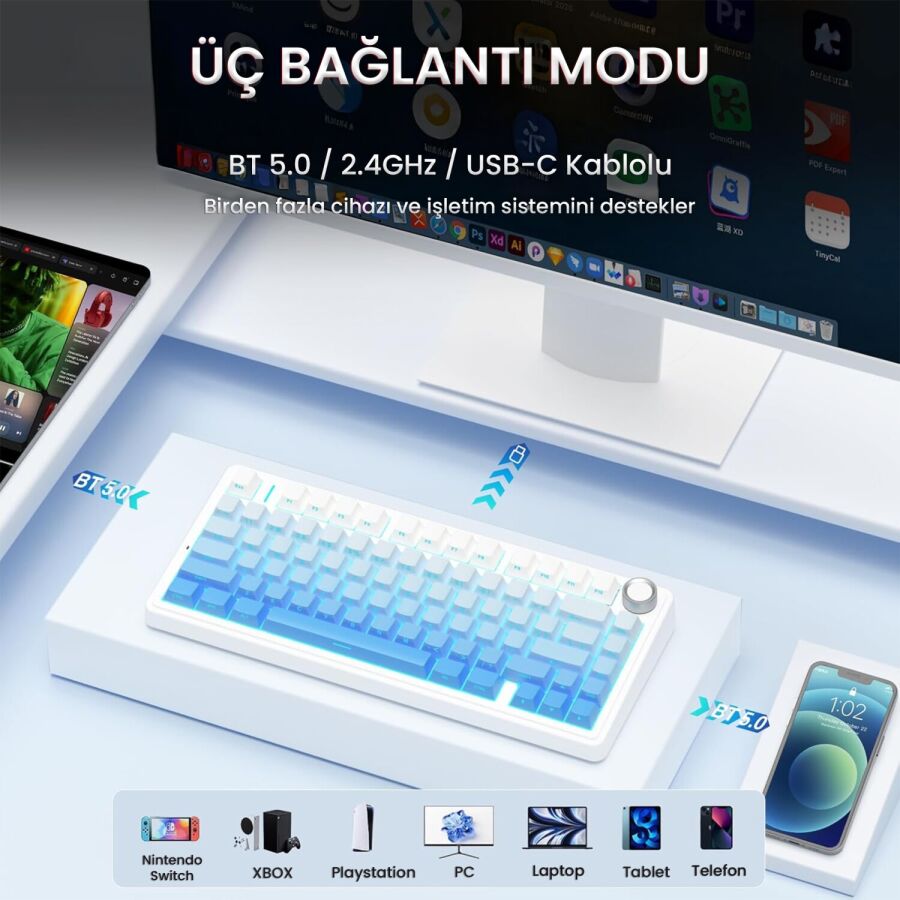 Aula F75 Mekanik RGB TKL Seiya Switch Kablosuz Makrolu Hot Swap Gaming Klavye Gradyan Mavi - 3