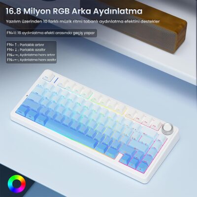 Aula F75 Mekanik RGB TKL Seiya Switch Kablosuz Makrolu Hot Swap Gaming Klavye Gradyan Mavi - 5