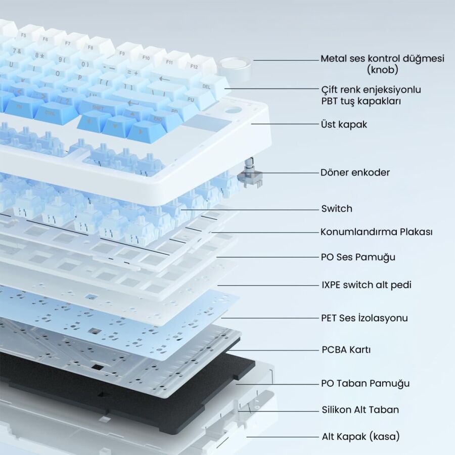 Aula F75 Mekanik RGB TKL Seiya Switch Kablosuz Makrolu Hot Swap Gaming Klavye Gradyan Mavi - 6