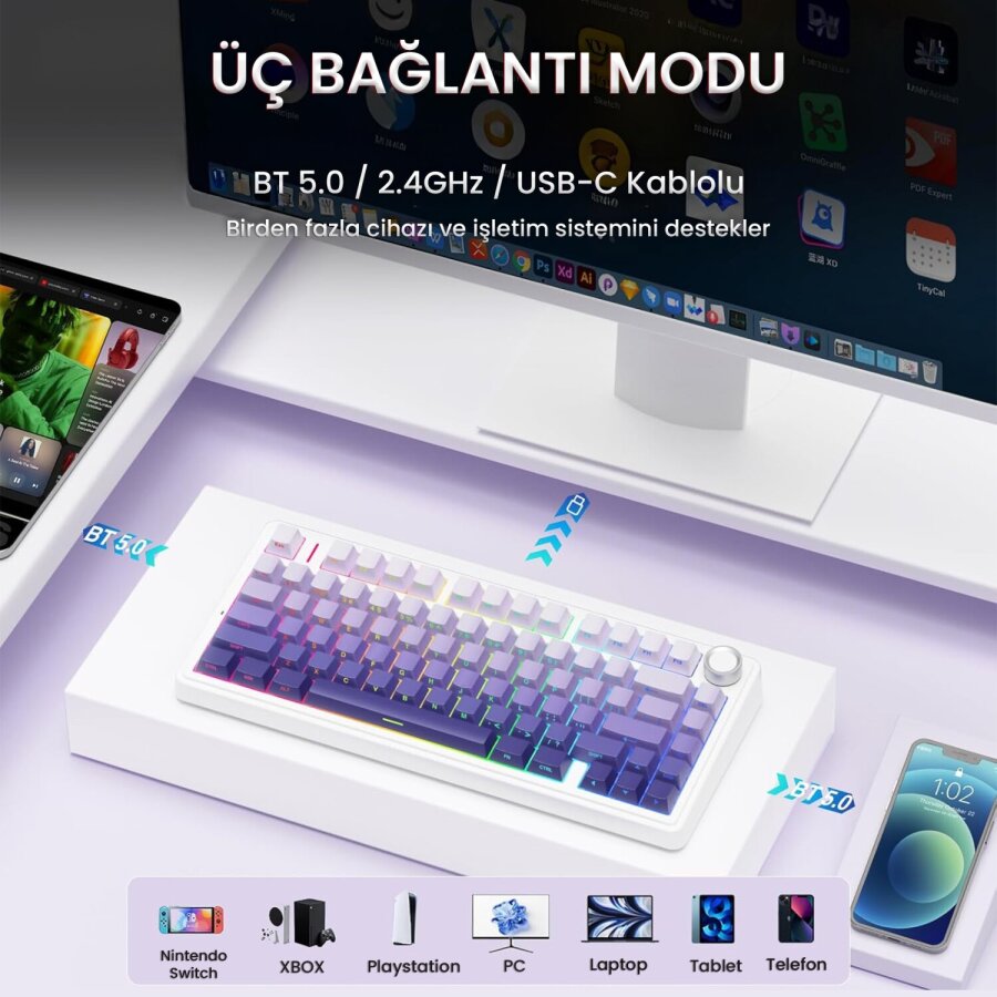Aula F75 Mekanik RGB TKL Seiya Switch Kablosuz Makrolu Hot Swap Gaming Klavye Gradyan Mor - 3