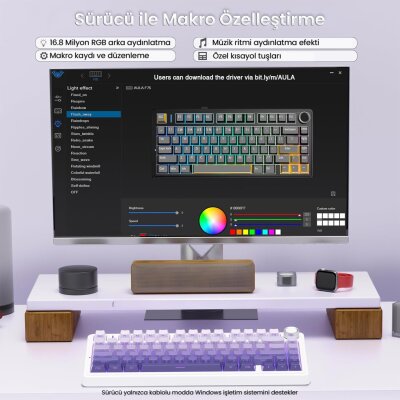 Aula F75 Mekanik RGB TKL Seiya Switch Kablosuz Makrolu Hot Swap Gaming Klavye Gradyan Mor - 4