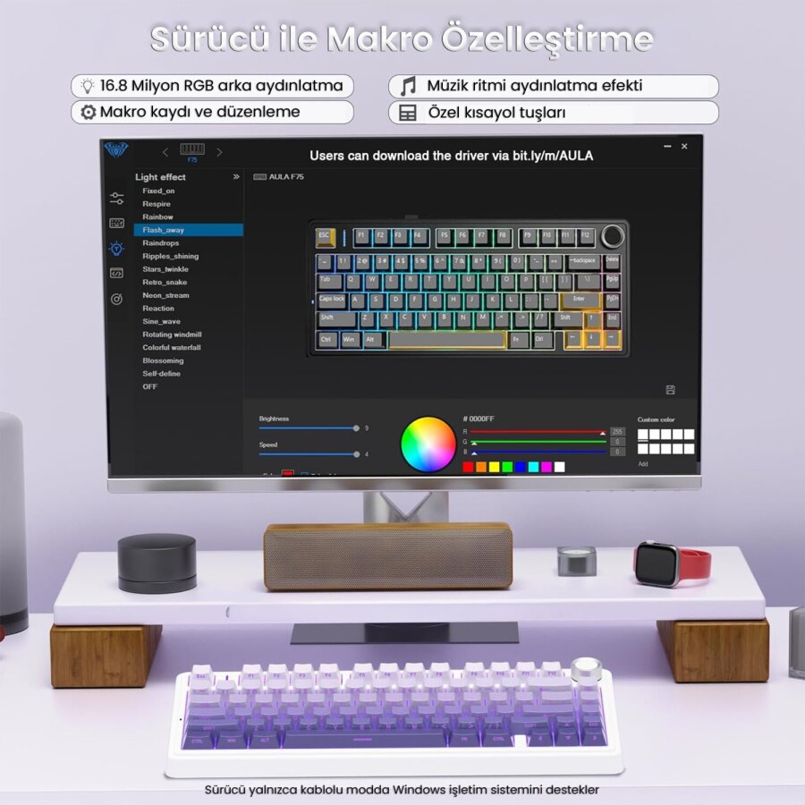 Aula F75 Mekanik RGB TKL Seiya Switch Kablosuz Makrolu Hot Swap Gaming Klavye Gradyan Mor - 4
