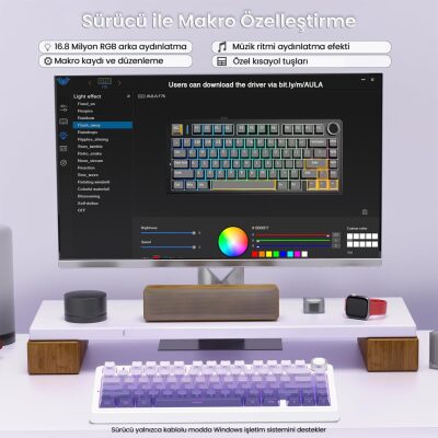 Aula F75 Mekanik RGB TKL Seiya Switch Kablosuz Makrolu Hot Swap Gaming Klavye Gradyan Mor - 4