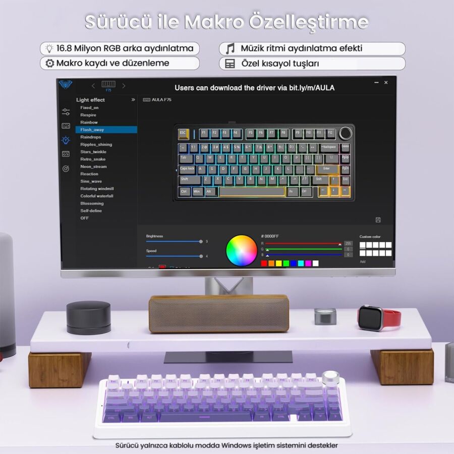 Aula F75 Mekanik RGB TKL Seiya Switch Kablosuz Makrolu Hot Swap Gaming Klavye Gradyan Mor - 4