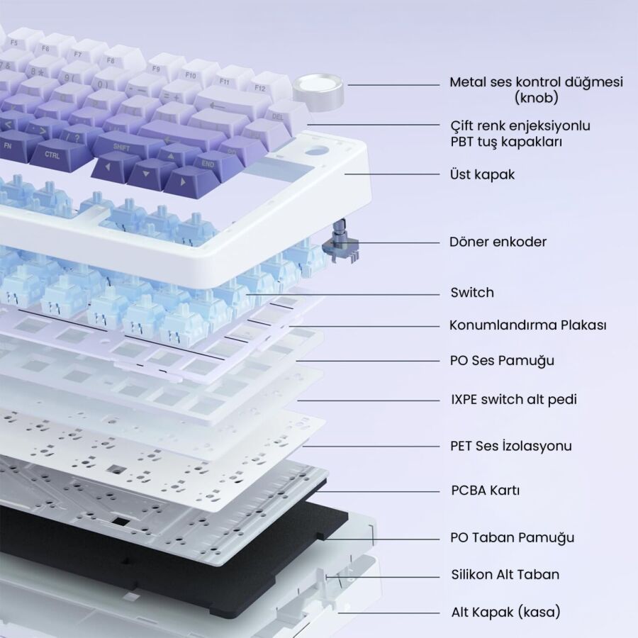Aula F75 Mekanik RGB TKL Seiya Switch Kablosuz Makrolu Hot Swap Gaming Klavye Gradyan Mor - 6