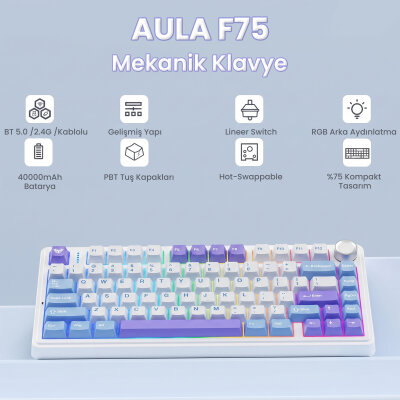 Aula F75 Mekanik RGB TKL Star Vector Switch Kablosuz Makrolu Hot Swap Klavye Mor - 2