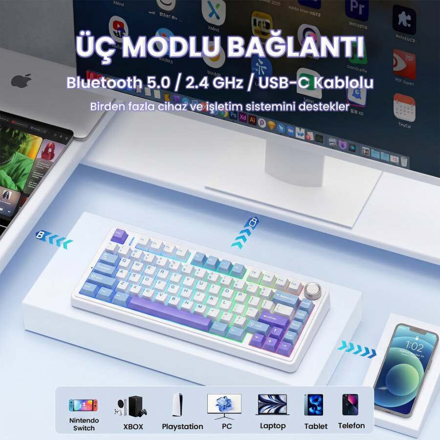 Aula F75 Mekanik RGB TKL Star Vector Switch Kablosuz Makrolu Hot Swap Klavye Mor - 3