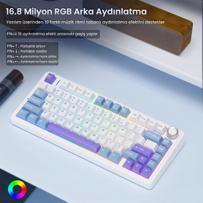 Aula F75 Mekanik RGB TKL Star Vector Switch Kablosuz Makrolu Hot Swap Klavye Mor - 5