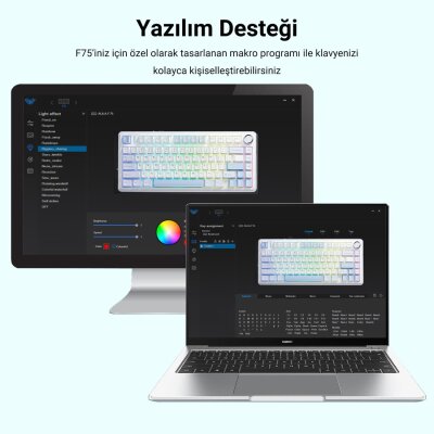 Aula F75 TKL Mekanik RGB Crescent Switch Tri Mode Kablosuz Makrolu Hot Swap Gaming Oyuncu Klavyesi Buz Mavisi - 4