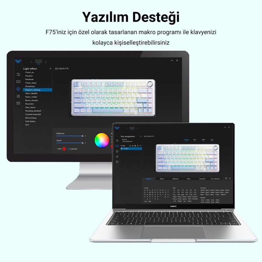 Aula F75 TKL Mekanik RGB Crescent Switch Tri Mode Kablosuz Makrolu Hot Swap Gaming Oyuncu Klavyesi Buz Mavisi - 4