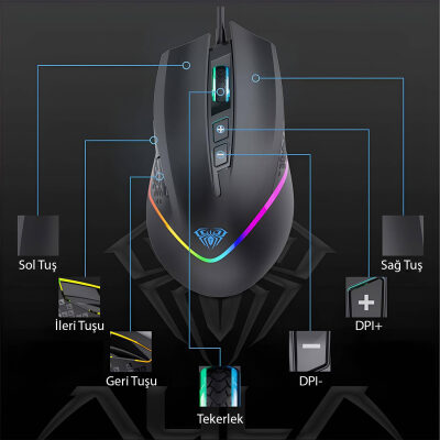 Aula F805 6400DPI RGB 7 Tuşlu Makro Optik Gaming Oyuncu Mouse - 7