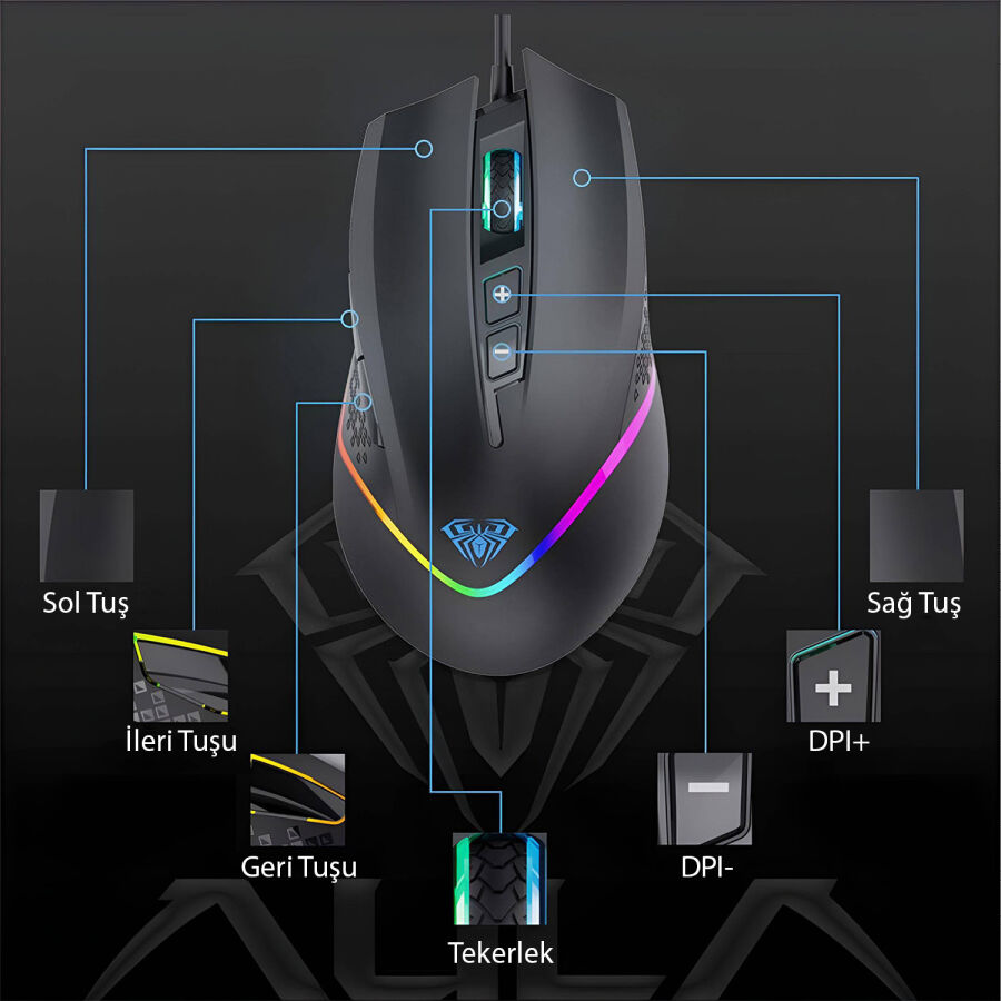 Aula F805 6400DPI RGB 7 Tuşlu Makro Optik Gaming Oyuncu Mouse - 7