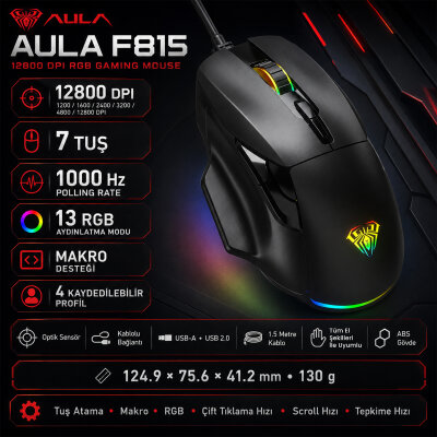 Aula F815 12800DPI Rainbow 7 Tuşlu Makro Optik Gaming Oyuncu Mouse - 2