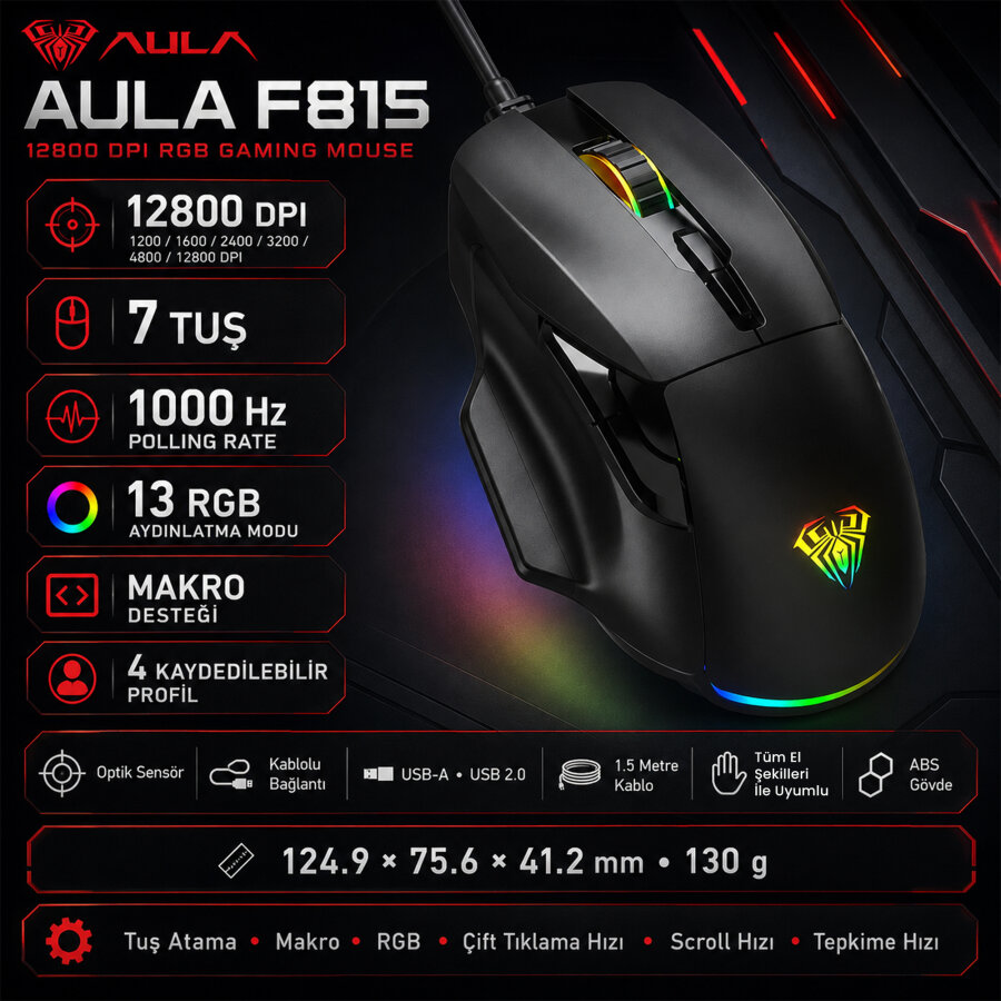 Aula F815 12800DPI Rainbow 7 Tuşlu Makro Optik Gaming Oyuncu Mouse - 2