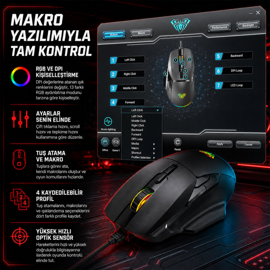 Aula F815 12800DPI Rainbow 7 Tuşlu Makro Optik Gaming Oyuncu Mouse - 7