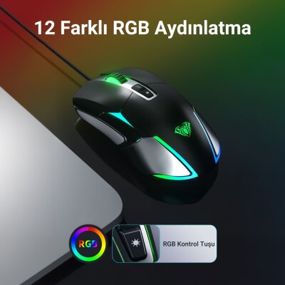 Aula F816 RGB Efektli 12800DPI Kablolu Optik Gaming Oyuncu Mouse - 3