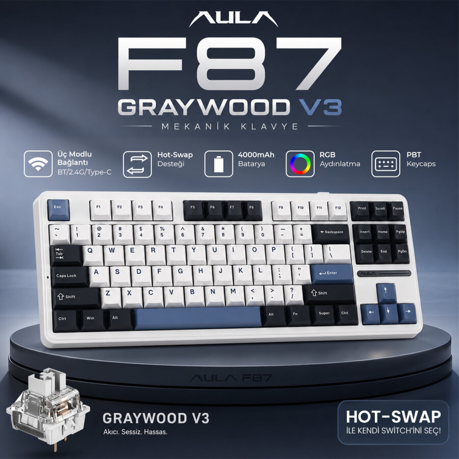 Aula F87 Mekanik RGB TKL GrayWood V3 Switch Kablosuz Makrolu Hot Swap Klavye Beyaz - 2