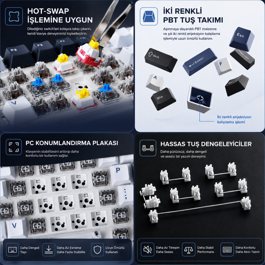 Aula F87 Mekanik RGB TKL GrayWood V3 Switch Kablosuz Makrolu Hot Swap Klavye Beyaz - 3