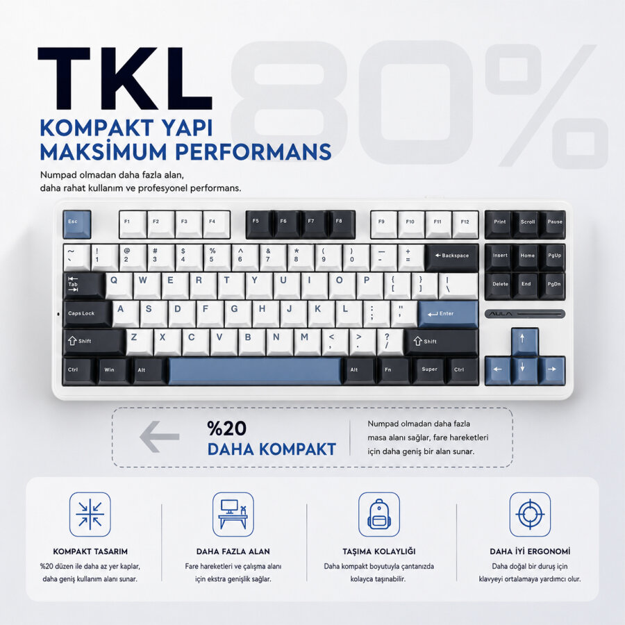 Aula F87 Mekanik RGB TKL GrayWood V3 Switch Kablosuz Makrolu Hot Swap Klavye Beyaz - 4