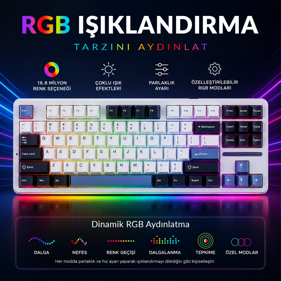 Aula F87 Mekanik RGB TKL GrayWood V3 Switch Kablosuz Makrolu Hot Swap Klavye Beyaz - 5