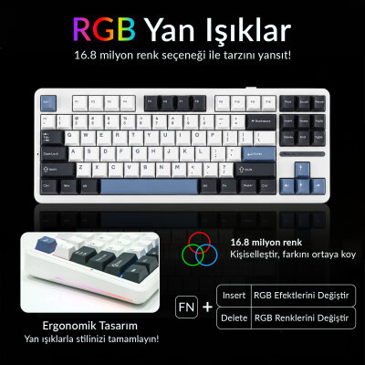 Aula F87 Mekanik RGB TKL GrayWood V3 Switch Kablosuz Makrolu Hot Swap Klavye Beyaz - 7