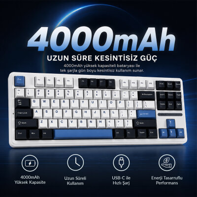 Aula F87 Mekanik RGB TKL GrayWood V3 Switch Kablosuz Makrolu Hot Swap Klavye Beyaz - 8