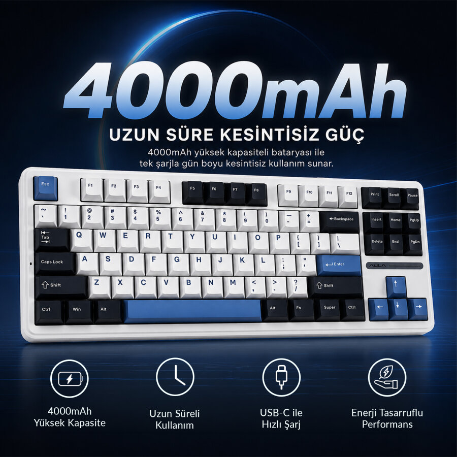 Aula F87 Mekanik RGB TKL GrayWood V3 Switch Kablosuz Makrolu Hot Swap Klavye Beyaz - 8
