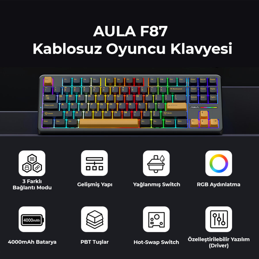 Aula F87 Mekanik RGB TKL GrayWood V3 Switch Kablosuz Makrolu Hot Swap Klavye Siyah - 2