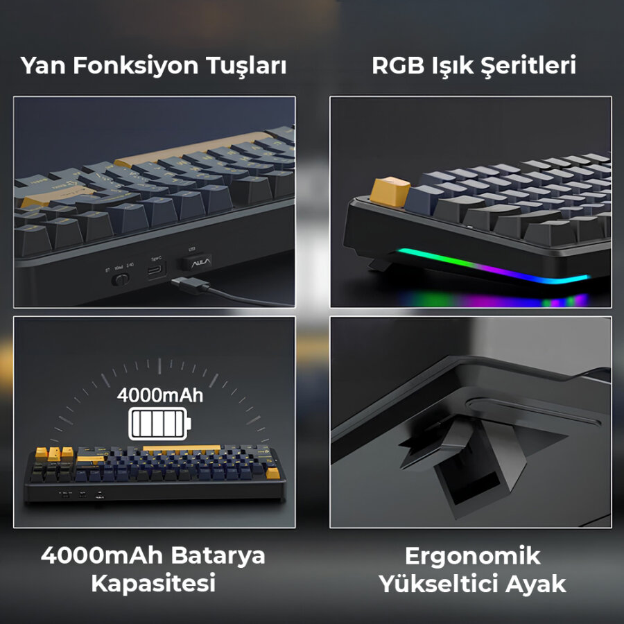 Aula F87 Mekanik RGB TKL GrayWood V3 Switch Kablosuz Makrolu Hot Swap Klavye Siyah - 3