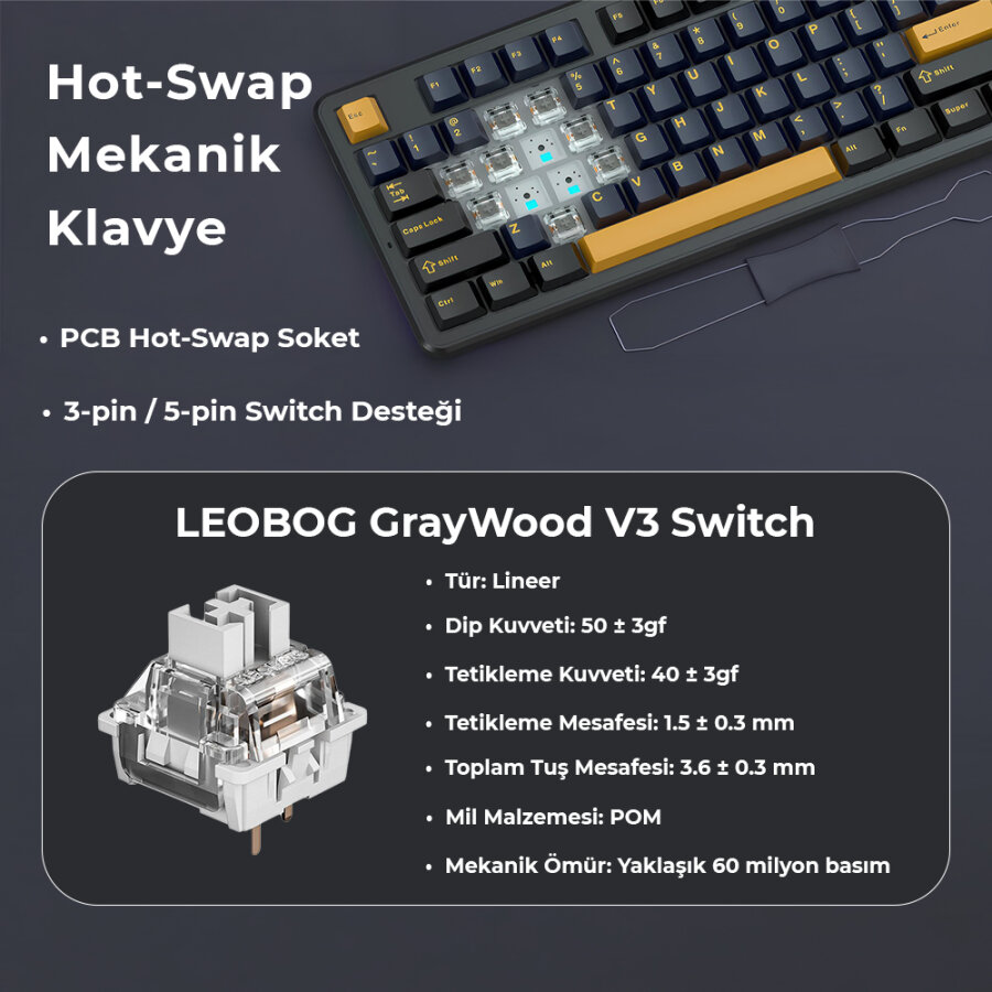 Aula F87 Mekanik RGB TKL GrayWood V3 Switch Kablosuz Makrolu Hot Swap Klavye Siyah - 4