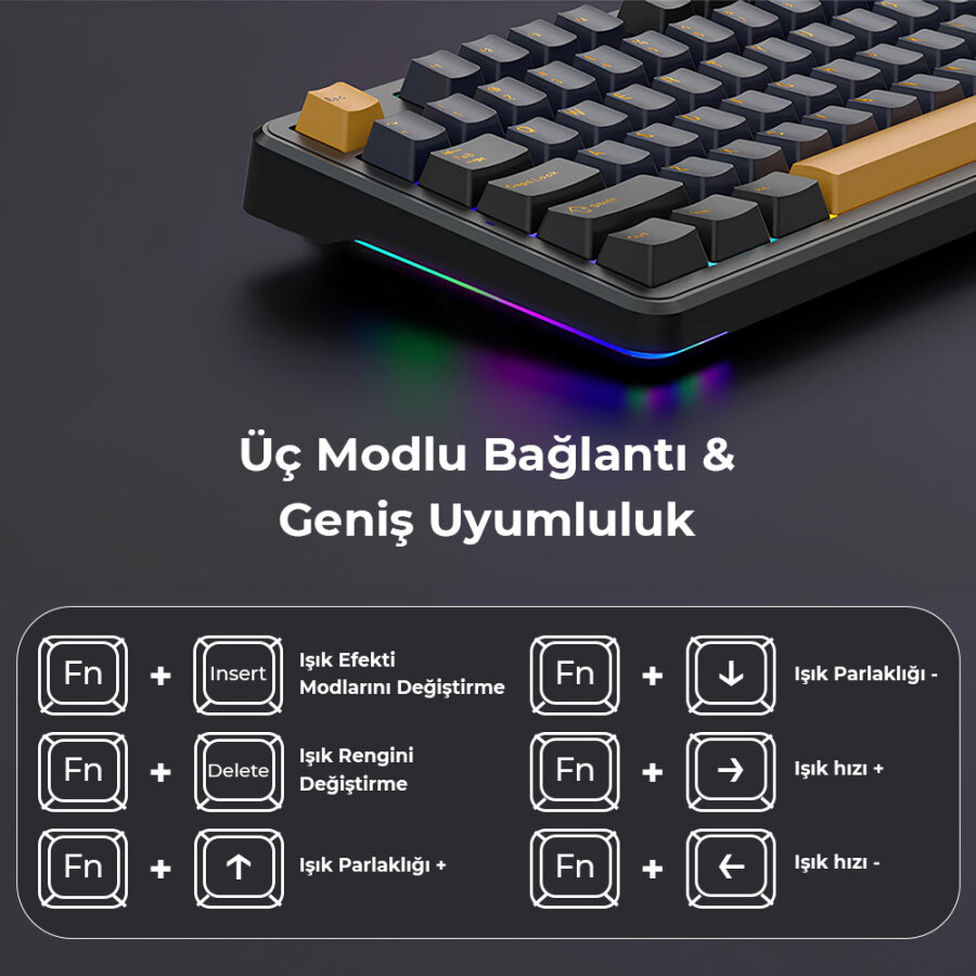 Aula F87 Mekanik RGB TKL GrayWood V3 Switch Kablosuz Makrolu Hot Swap Klavye Siyah - 7