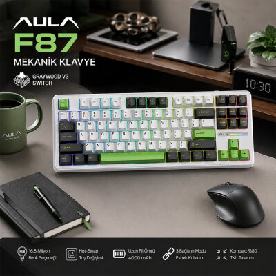 Aula F87 Mekanik RGB TKL GrayWood V3 Switch Kablosuz Makrolu Hot Swap Klavye Yeşil - 2