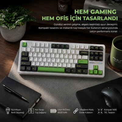 Aula F87 Mekanik RGB TKL GrayWood V3 Switch Kablosuz Makrolu Hot Swap Klavye Yeşil - 3